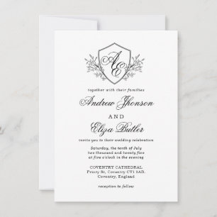 Black and White Floral Crest Monogram Wedding Invitation