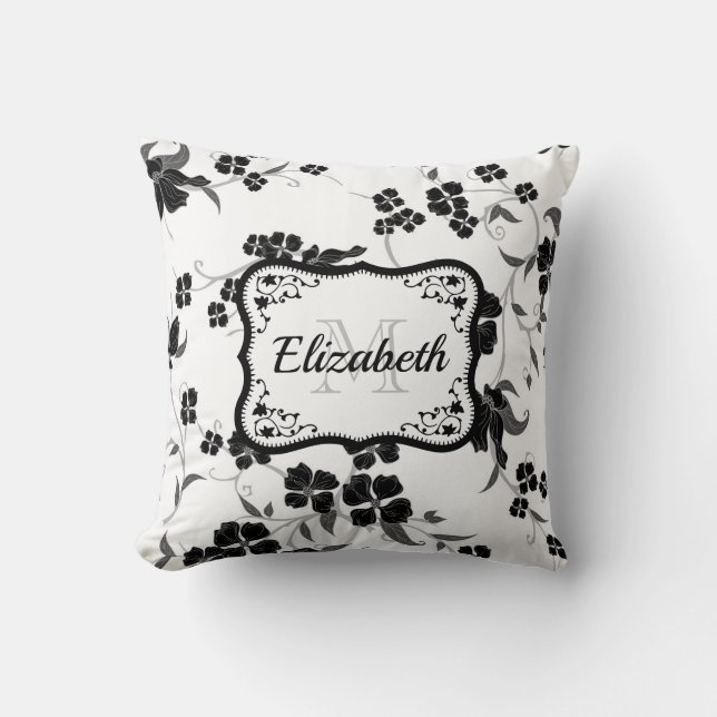 Black and White Floral Cushion (Front)