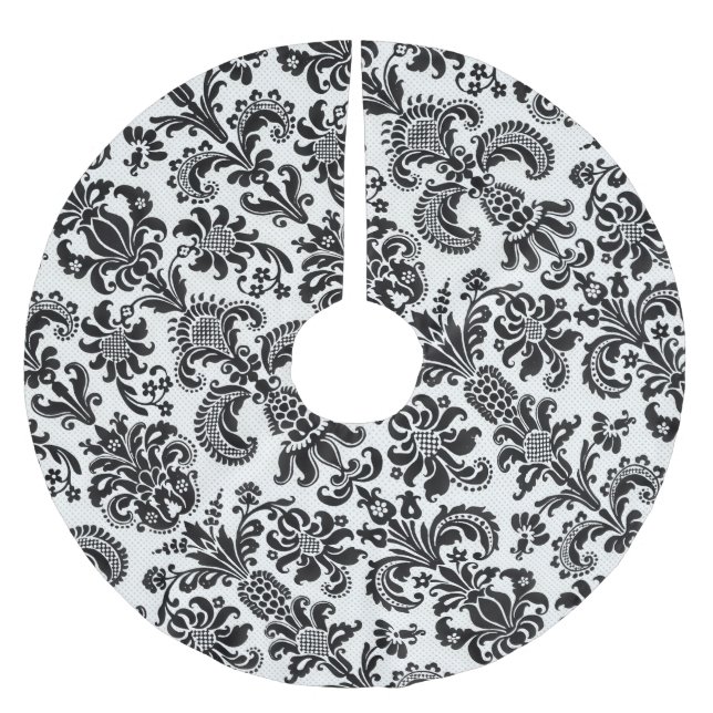 Black and White Floral Damask Christmas Tree Skirt (Front)