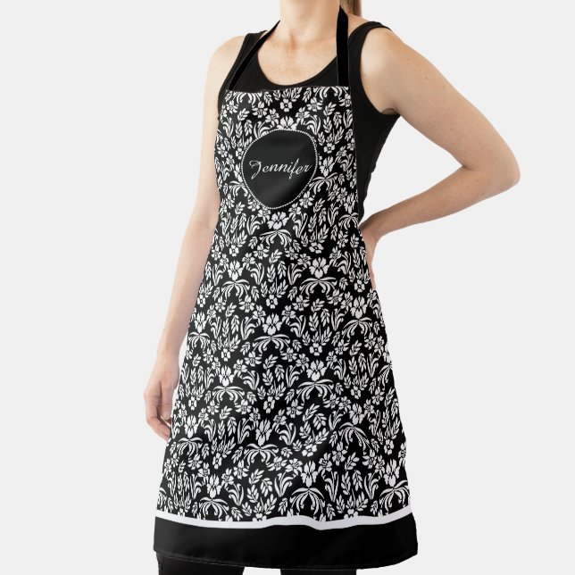 Black and White Floral Damask Custom Apron (Insitu)