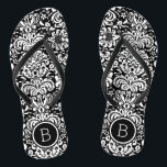 Black and White Floral Damask Monogram Thongs<br><div class="desc">Custom printed flip flop sandals with a stylish elegant floral damask pattern and your custom monogram or other text in a circle frame. Click Customise It to change text fonts and colours or add your own images to create a unique one of a kind design!</div>