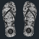 Black and White Floral Damask Monogram Thongs<br><div class="desc">Custom printed flip flop sandals with a stylish elegant floral damask pattern and your custom monogram or other text in a circle frame. Click Customise It to change text fonts and colours or add your own images to create a unique one of a kind design!</div>