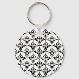 Black and White Floral Damask Pattern Key Ring