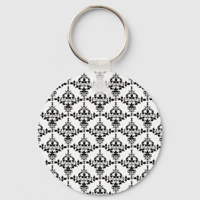 Black and White Floral Damask Pattern Key Ring (Front)