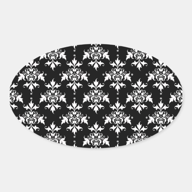 Black and White Floral Damask Pattern Oval Sticker (Front)