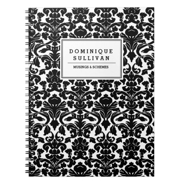Black and White Floral Damask Pattern Personalised Notebook (Front)