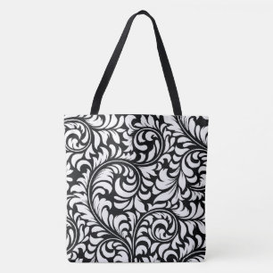 Black and White Floral Damask Print Tote Bag