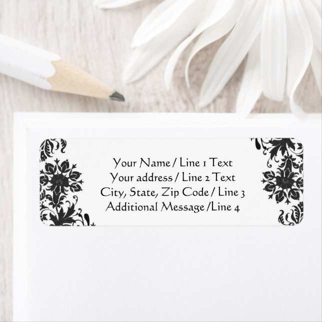 Black and White Floral Damask Return Address Label (Insitu)