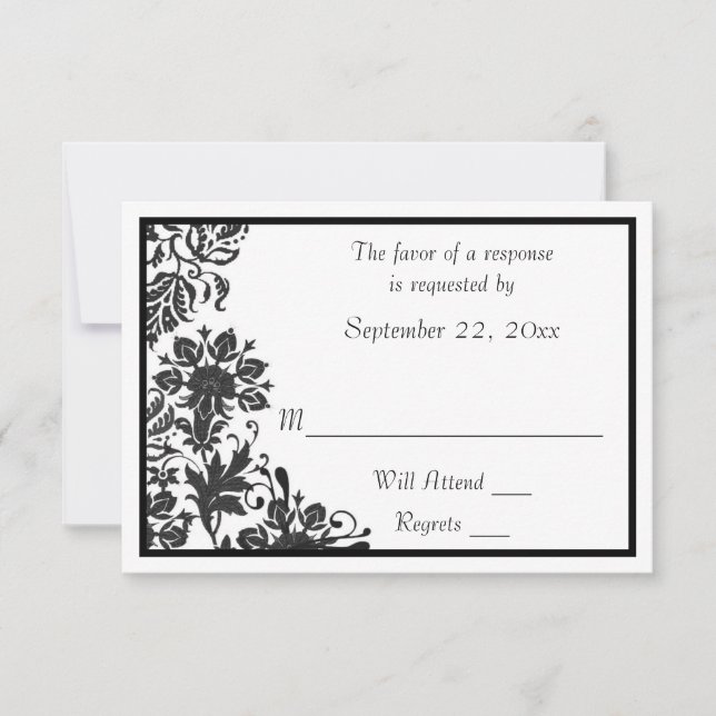Black and White Floral Damask RSVP Card (Front)