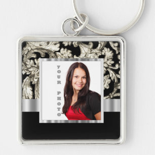 Black and white floral damask template key ring