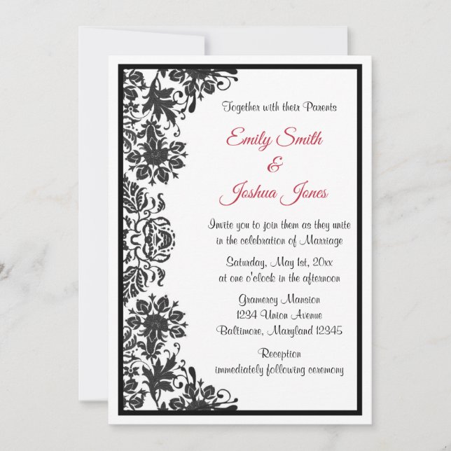 Black and White Floral Damask Wedding Invitation (Front)