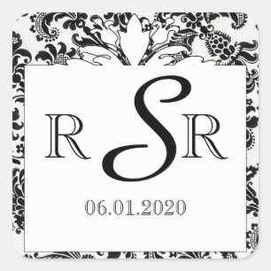 Black and White Floral Damask Wedding Monogram Square Sticker