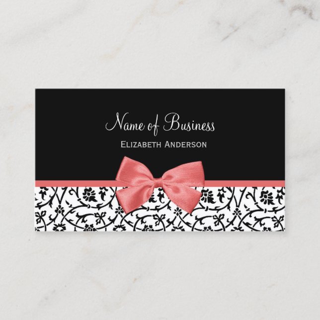 Black and White Floral  Damask With Pink Bow Business Card (Front)