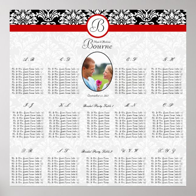 Black and White Floral DamaskRed Trim Photo  Poster (Front)