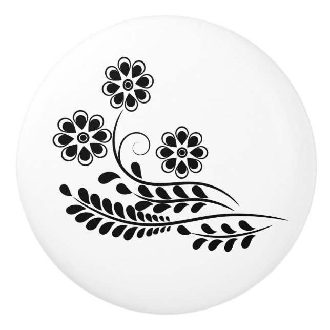 Black and White Floral Design Ceramic Knob (Front)