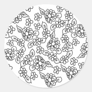 Black and white floral drawing classic round sticker