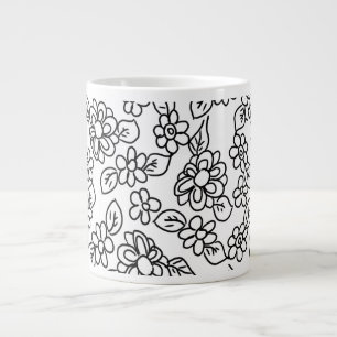 Black and white floral drawing large coffee mug