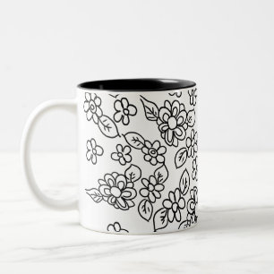 Black and white floral drawing Two-Tone coffee mug