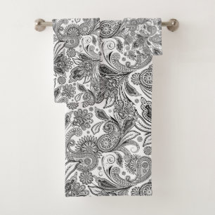 Black and white floral ethnic paisley pattern bath towel set