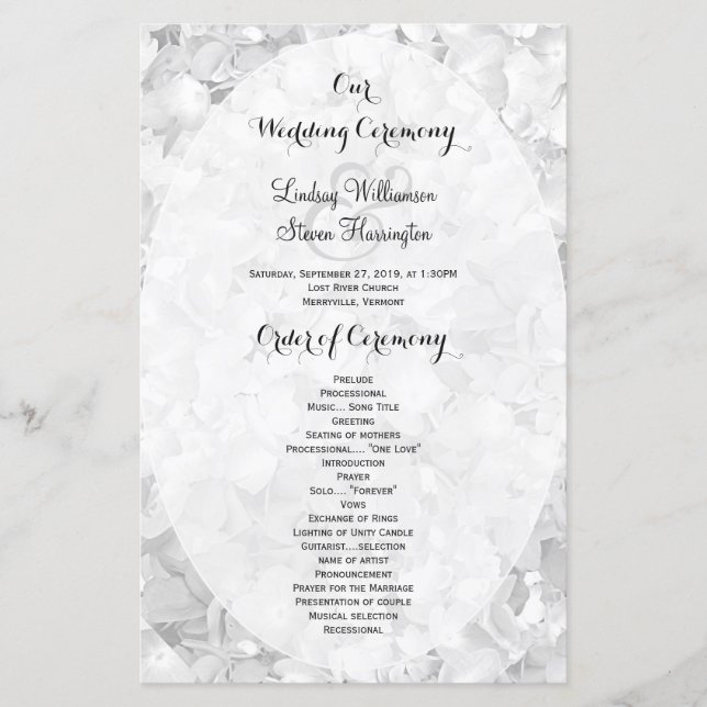 Black and White Floral Flat Ceremony Program (Front)