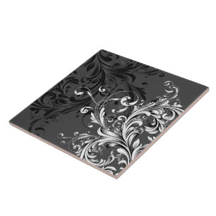 Black and White Floral Flourish Tile