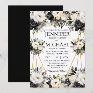 Black and White Floral Flowers Wedding Invitations