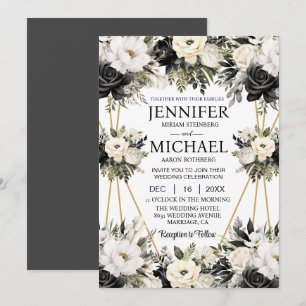Black and White Floral Flowers Wedding Invitations