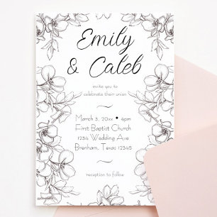 Black and White Floral Frame Line Art Wedding Invitation