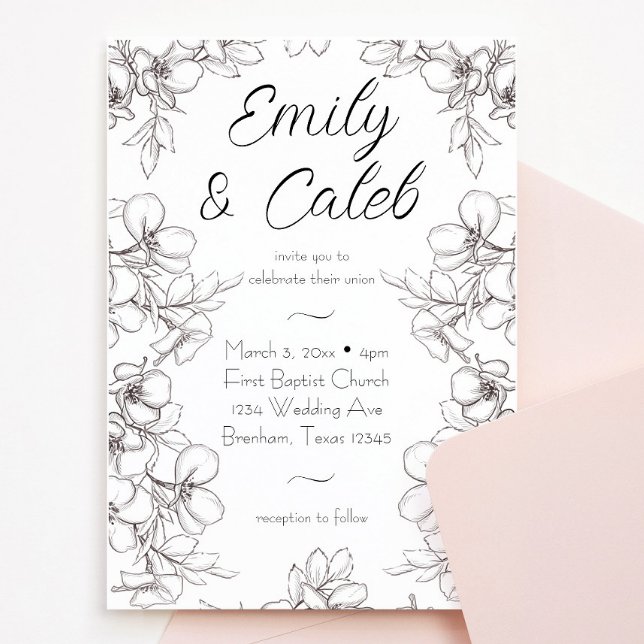 Black and White Floral Frame Line Art Wedding Invitation (Creator Uploaded)