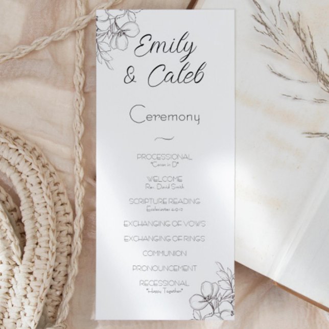 Black and White Floral Frame Line Art Wedding Program (black and white flowers drawn script writing wedding ceremony program)