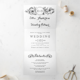 Black and white floral frame with initials wedding Tri-Fold invitation