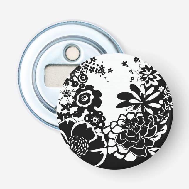 Black and White Floral Garden Graphic Pattern Bottle Opener (Front)
