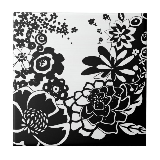 Black and White Floral Garden Graphic Pattern Ceramic Tile (Front)