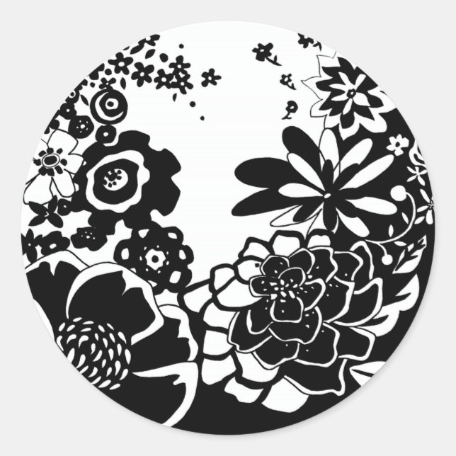 Black and White Floral Garden Graphic Pattern Classic Round Sticker (Front)