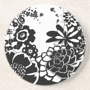 Black and White Floral Garden Graphic Pattern Coaster