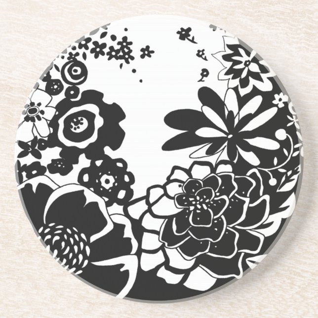 Black and White Floral Garden Graphic Pattern Coaster (Front)