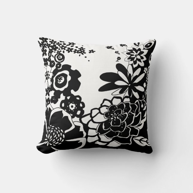 Black and White Floral Garden Graphic Pattern Cushion (Front)