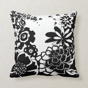 Black and White Floral Garden Graphic Pattern Cushion