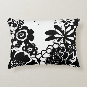 Black and White Floral Garden Graphic Pattern Decorative Cushion