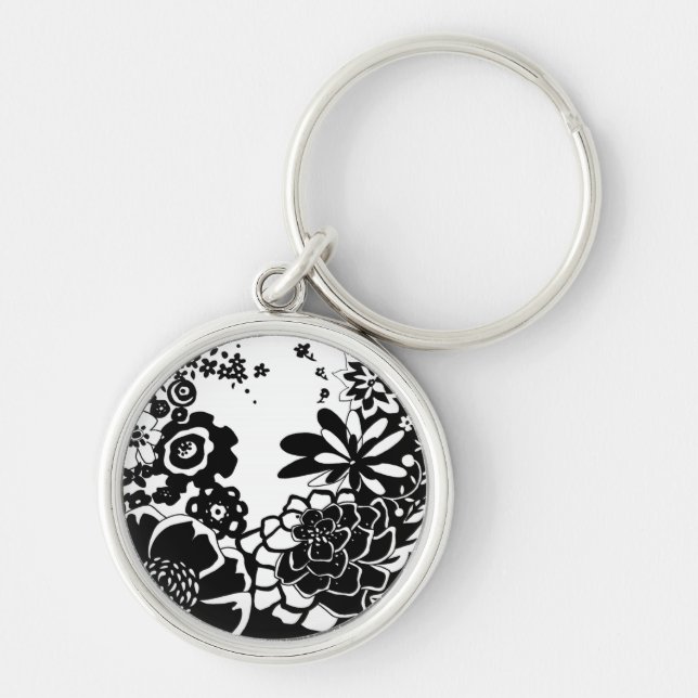 Black and White Floral Garden Graphic Pattern Key Ring (Front)