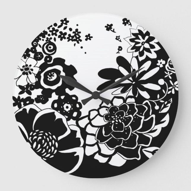 Black and White Floral Garden Graphic Pattern Large Clock (Front)