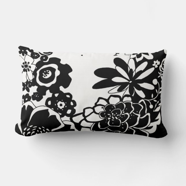 Black and White Floral Garden Graphic Pattern Lumbar Cushion (Front)