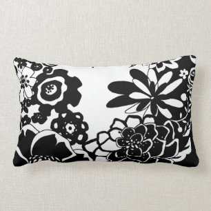 Black and White Floral Garden Graphic Pattern Lumbar Cushion