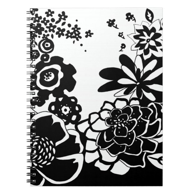 Black and White Floral Garden Graphic Pattern Notebook (Front)