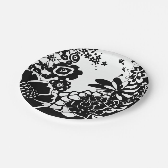 Black and White Floral Garden Graphic Pattern Paper Plate (Angled)