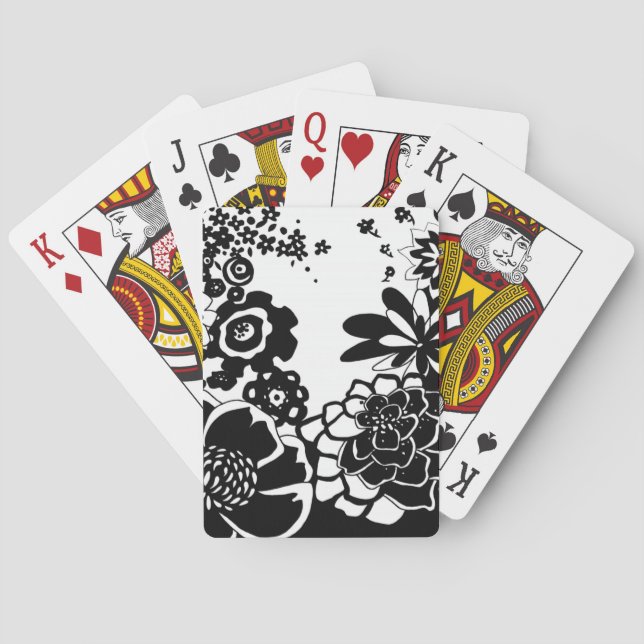 Black and White Floral Garden Graphic Pattern Playing Cards (Back)