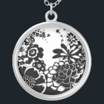 Black and White Floral Garden Graphic Pattern Silver Plated Necklace<br><div class="desc">A graphic pattern that showcases a black and white floral garden scene,  created by Chariklia Zarris. Even with only two colours the painting is almost overwhelming in its beauty. Give yourself the gift of an exquisite floral display by purchasing this print today!</div>