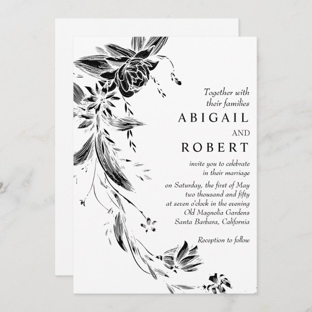 Black and white floral garland QR code wedding Invitation (Front/Back)