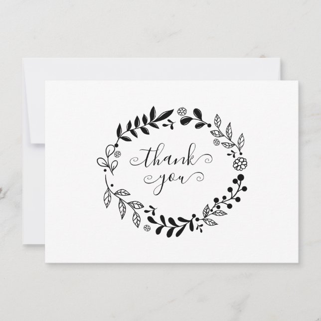 Black and White Floral Garland Thank You Card (Front)