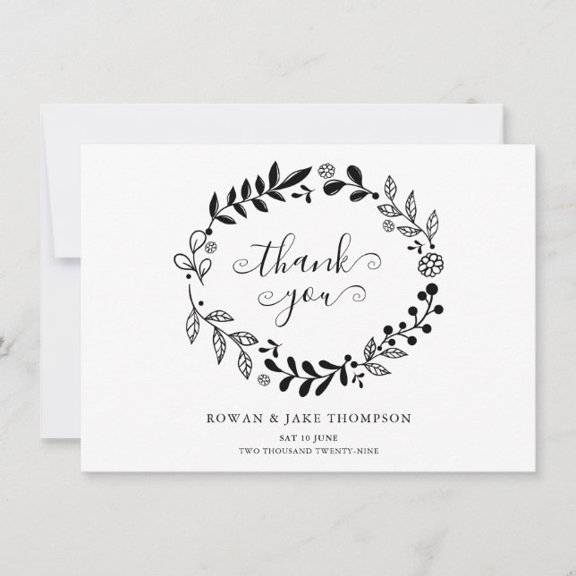 Black and White Floral Garland Wedding Thank You Card (Front)